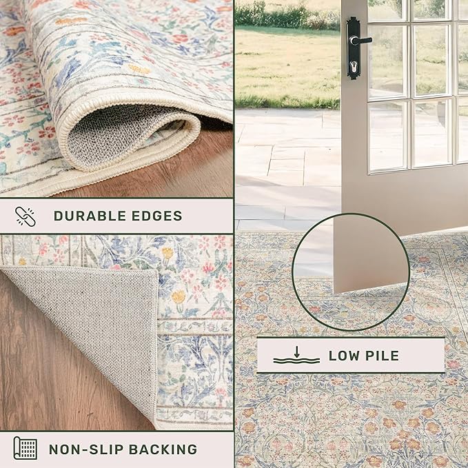 Hazo Haus Washable Bathroom Runner Rug 2x5, Non Slip Runner for Laundry Room, Bathroom Sink Mat - Vintage Pastel Beige Blue Throw Rug, Ultra Soft Low Pile Stain Resistant