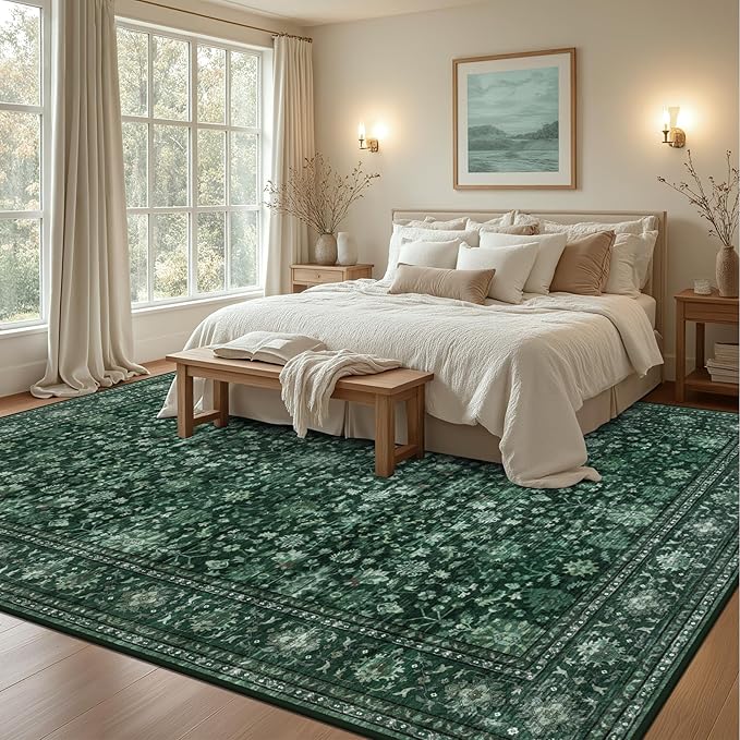 8x10 Area Rugs for Living Room: Washable Rug Soft Vintage Distressed Floral Carpet Indoor Non-Slip Stain Resistant Large Carpets for Bedroom Dining Room Farmhouse Nursery Home Office Deep Green