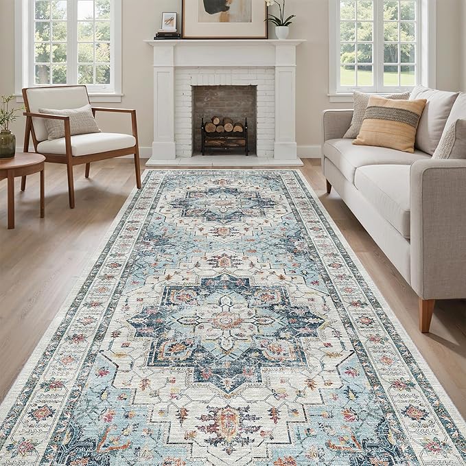 Madane 4x10 Wide Hallway Runner Rug: Washable Soft Rug Runners for Living Room Bedroom, Stain Resistant Low Pile Area Rugs Thin Non Slip Floor Carpet for Ktichen Bathroom Dining Room (Blue, 4x10)