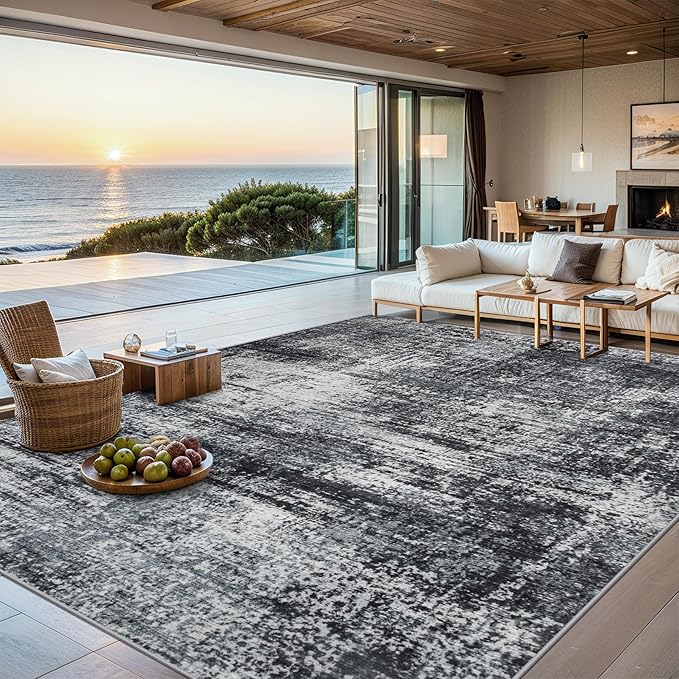Area Rugs 10x12 Living Room - Washable Rug Modern Abstract Soft Large Neutral Non-Slip Carpet Indoor Floor Thin Carpets for Bedroom Dining Room Farmhouse Nursery Home Office Dark Black