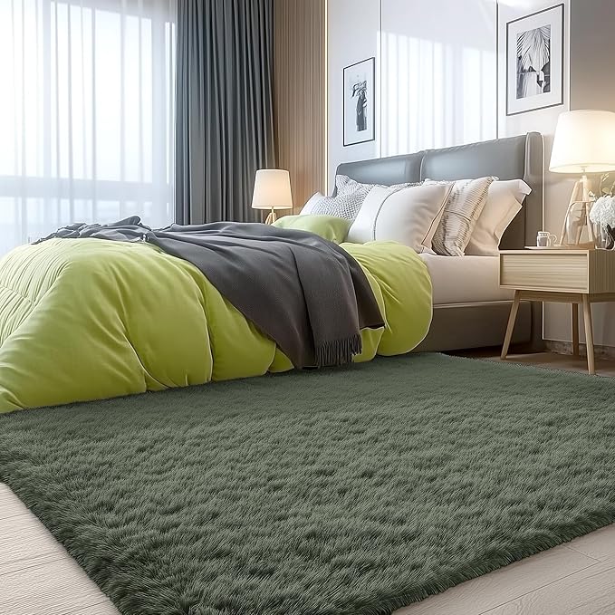 OLANLY 3x5 Machine Washable Small Bedside Rug, Soft Fluffy Shaggy Rugs for Living Room, Bedroom, Indoor Floor Carpet for Kids Girls and Boys, Preppy Dorms, Nursery, Home Decor Aesthetic, Olive Green