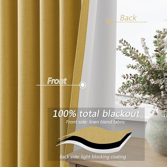 Gold 100% Blackout Linen Curtains 84 Inch Length 2 Panels Set for Living Room Bedroom Back Tab Thermal Insulated Black Out Drapes Room Darkening Farmhouse Style for Bedroom Window Curtains 52x84