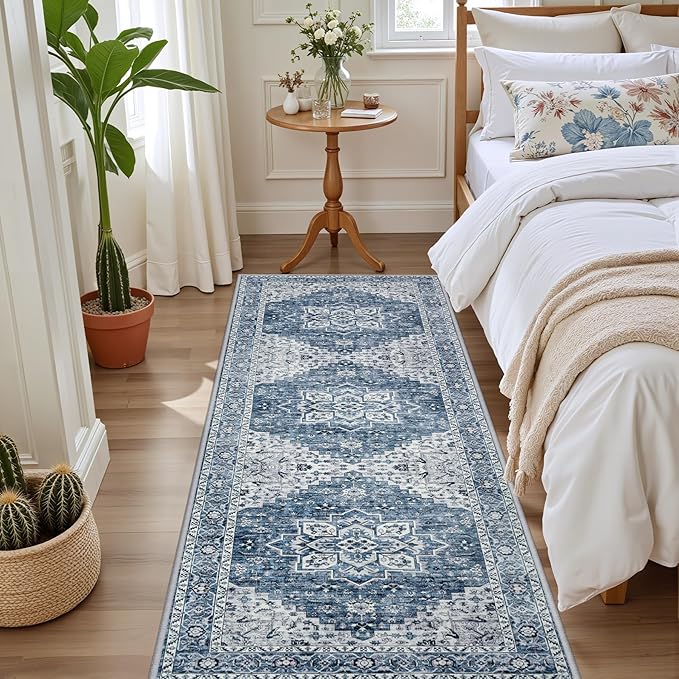 Hallway Runner Rug Non Slip - Washable 2.6x8 Kitchen Rugs for Living Room, Low-Pile Soft Bedroom Rug Indoor Floor Stain Resistant Carpets for Entryway, Laundry, Bathroom Blue