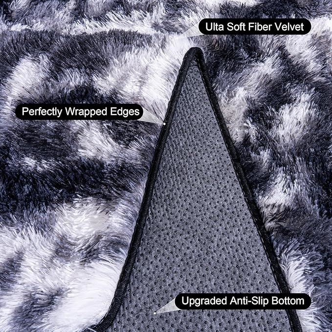 Black and White Rug for Living Room, 9x12 Area Rug for Bedroom, Bedside Indoor Floor Fluffy Shag Carpet, Plush Soft Rug for Boys Girls Kids Room Nursery Dorm Home Decor