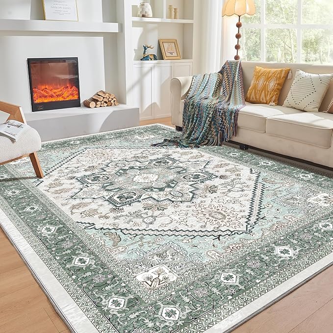 OPPODREAM Soft Area Rugs 9x12 Living Room, Washable Rugs 9x12 with Non Slip Backing, Faux Cashmere Low-Pile 9 x 12 Carpet, Green