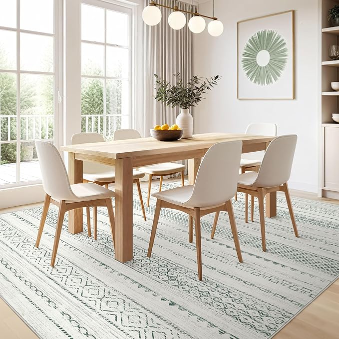 Nakagishi Green Rug Living Room 5x8: Washable Boho Large Neutral Farmhouse Soft Area Rugs Modern Stain Resistant Moroccan Indoor Non-Slip Floor Carpet for Bedroom Nursery Kids Playroom Office
