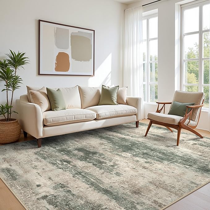 Area Rugs 8x10 for Living Room Bedroom, Modern Abstract Machine Washable Rug, Large Soft Low Pile Floor Cover with Non Slip Backing for Dining Room, Grey/Dark Green