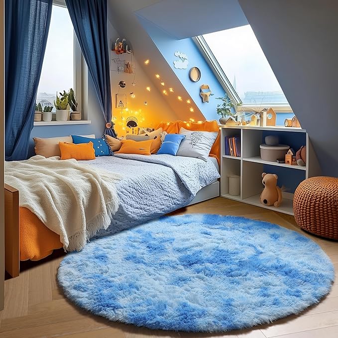ONASAR Round Rugs 6ft for Living Room Bedroom, Tie-Dye Blue Fluffy Circle Area Rug for Kids Girls Boys Teen, Soft Plush Shaggy Carpet for Nursery Dorm Classroom Playroom Home Decor Aesthetic