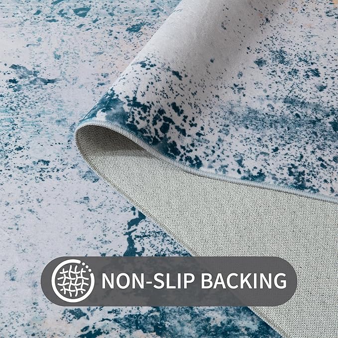 Living Room Rug 7x10 Aqua Blue Area Rugs Machine Washable Abstract Boho Large Rug Non-Slip Non-Shedding Faux Wool Indoor Vintage Carpet for Bedroom, Classroom, Dining Room, Kids Playroom