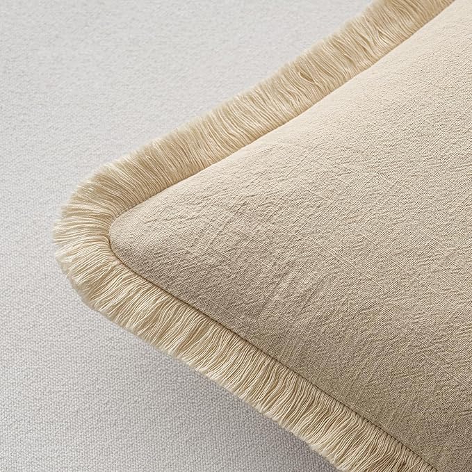 MIULEE Decorative Throw Pillow Covers Neutral Linen Fringe Throw Pillows Set of 2 Beige Boho Farmhouse Cushion Covers with Tassels for Couch Sofa Bed Living Room Spring Home Decor 16x16 Inch