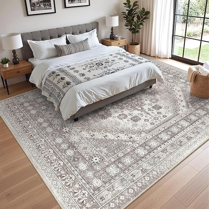 zesthome 10x12 Area Rugs,Stain Resistant Washable Rug,Ultra-Thin Rugs for Living Room,Bedroom,Non-Slip Backing Home Decor Large Area Rug (Brown/Beige,10'x12')
