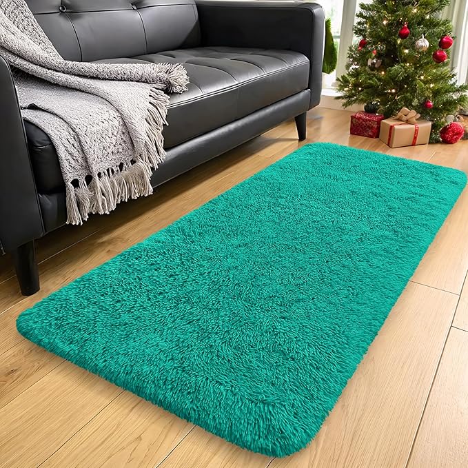 OLANLY 2x8 Machine Washable Runner Rugs for Hallway, Soft Fluffy Shaggy Bedside Rugs for Bedroom, Living Room, Indoor Floor Carpet for Kids Girls and Boys, Home Decor Aesthetic, Teal Green