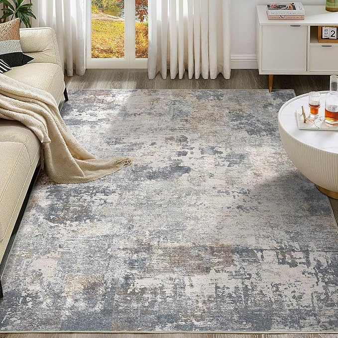UERMEI 8x10 Area Rug Living Room Rugs - Washable Neutral Modern Abstract Soft Thin Large Rug Indoor Floor No Slip Rug Carpet for Bedroom Under Dining Table Home Office Decor - Blue Grey