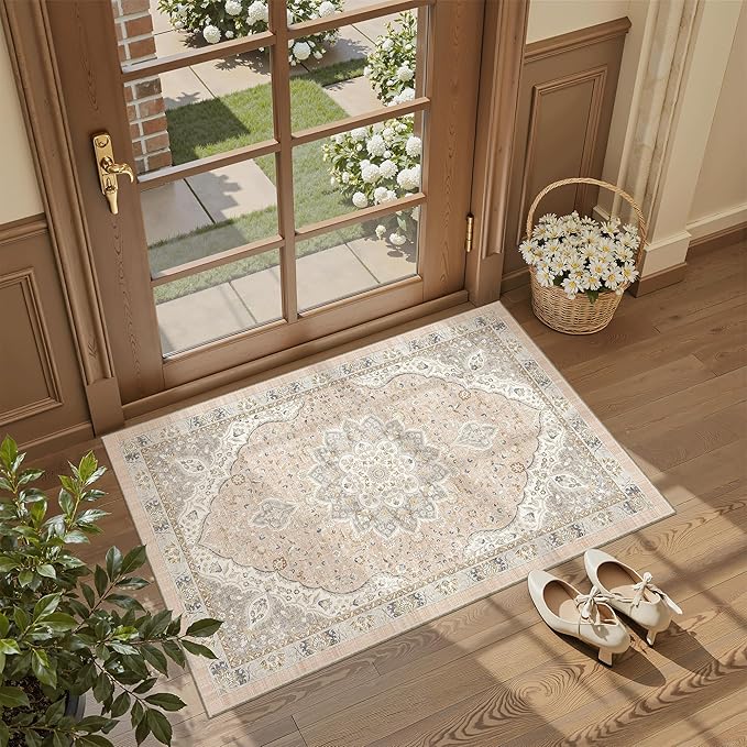 Madane Washable Area Rug 2x3, Small Entryway Rug Non-Slip Vintage Door Mat Indoor Entrance, Low Pile Floor Carpet for Inside Front Door Bedroom Kitchen Entry Laundry (2'x3', Pink/Gray)