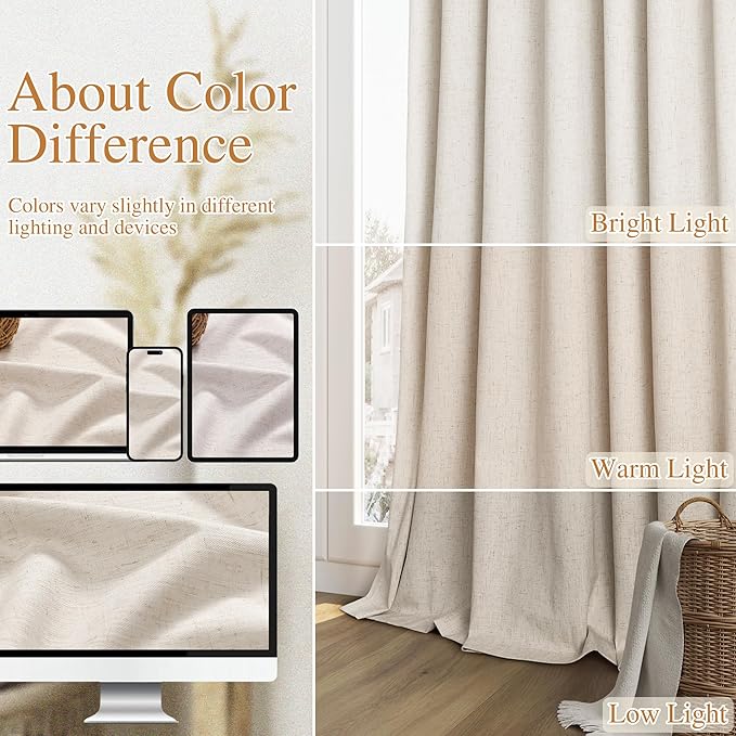 Guken 100% Blackout Linen Curtains 78 Inch Length 2 Panels Set for Living Room Bedroom Back Tab Thermal Insulated Black Out Drapes Room Darkening Farmhosue Window Curtains 78 Inches Long