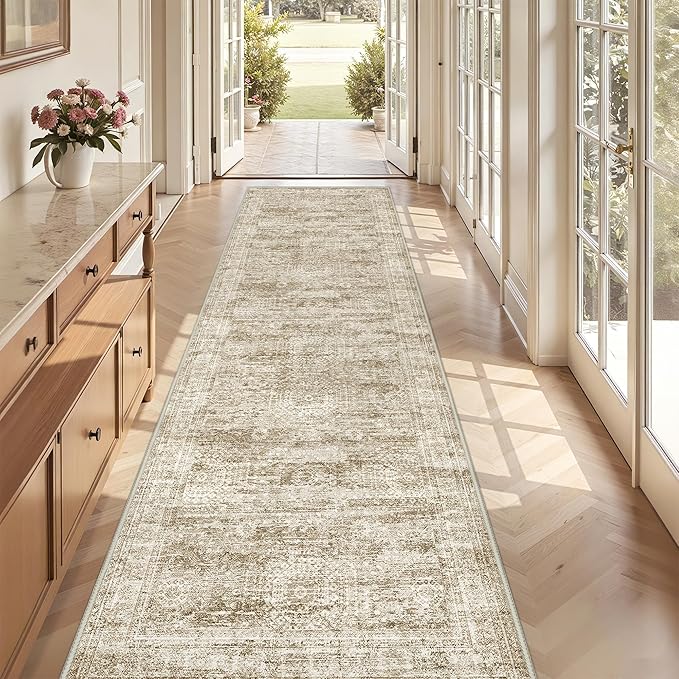 3x12 Runner Rug for Hallway, Non-Slip Long Bathroom Rugs Runner for Kitchen, Bedroom, Soft Vintage Abstract Washable Rug for Entryway, Thin Floor Mat for Dining Room(3'x12', Brown/Ivory)