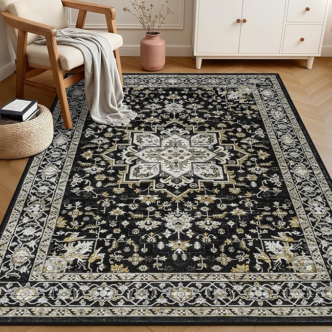 6x9 Area Rugs Living Room Rug: Washable Vintage Boho Medallion Rug No Slip Stain Resistant Soft Carpet Indoor Large Carpets for Bedroom Dining Room Farmhouse Nursery Hallway Home Office Black Gold