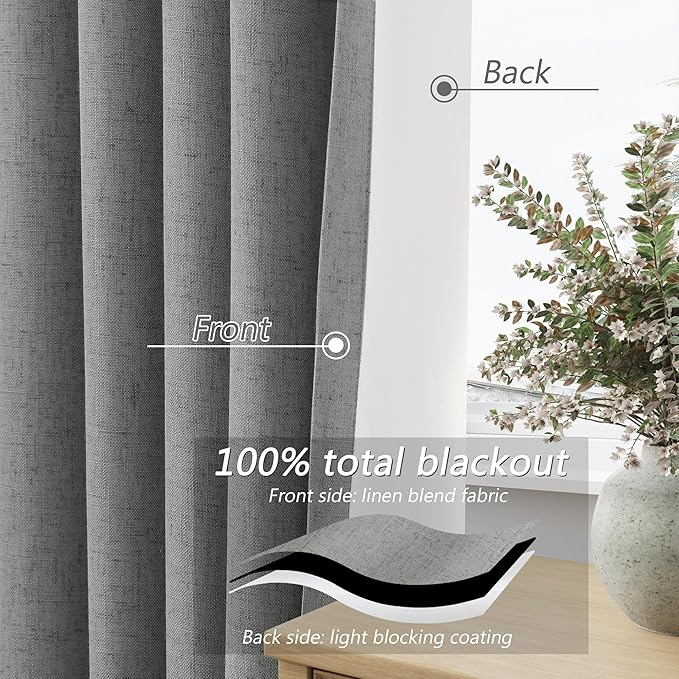Guken Dark Grey 100% Blackout Linen Curtains 102 Inch Length 2 Panels Set for Living Room Bedroom Back Tab/Rod Pocket Thermal Insulated Black Out Drapes Room Darkening Window Curtains
