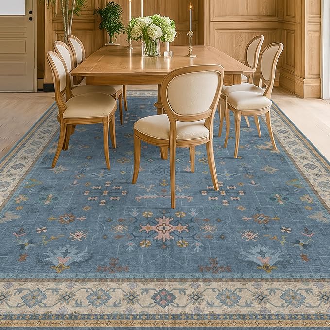 Hazo Haus Blue Big Rugs for Living Room - Dusty Blue 10x12 Area Rug for Large Bedroom, Dining Room, Washable Lightweight Foldable Floral Modern Home Décor