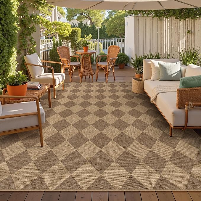 Lahome Colette Checkered Easy Jute Rug 8x10, Washable Rugs for Living Room Dining Room Farmhouse Indoor Outdoor Mat, Neutral Checkerboard Non Slip Black Carpet for Office Backyard Patio