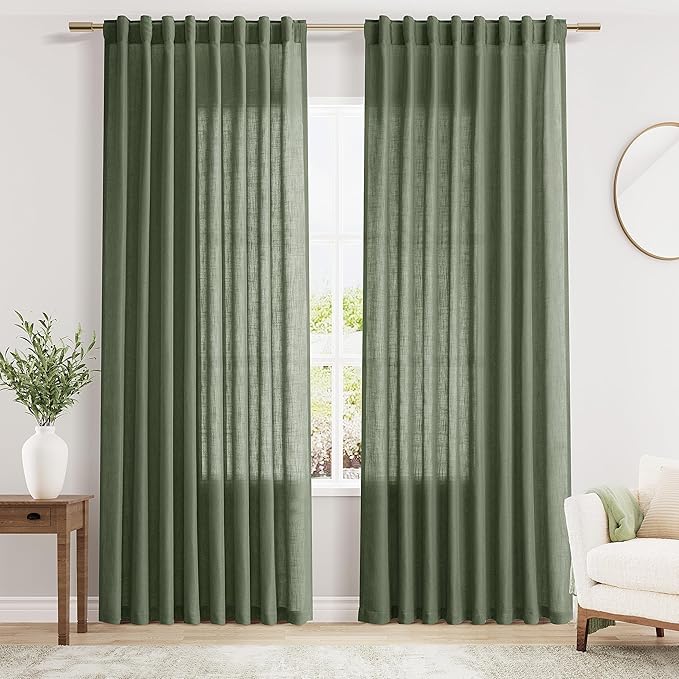 Nanspring Olive Green Linen Sheer Curtains 84 Inch Length 2 Panels for Living Room Bathroom Set Back Tab Rod Pocket Semi Sheer Light Filtering Breathability Farmhosue Country Style 60x84