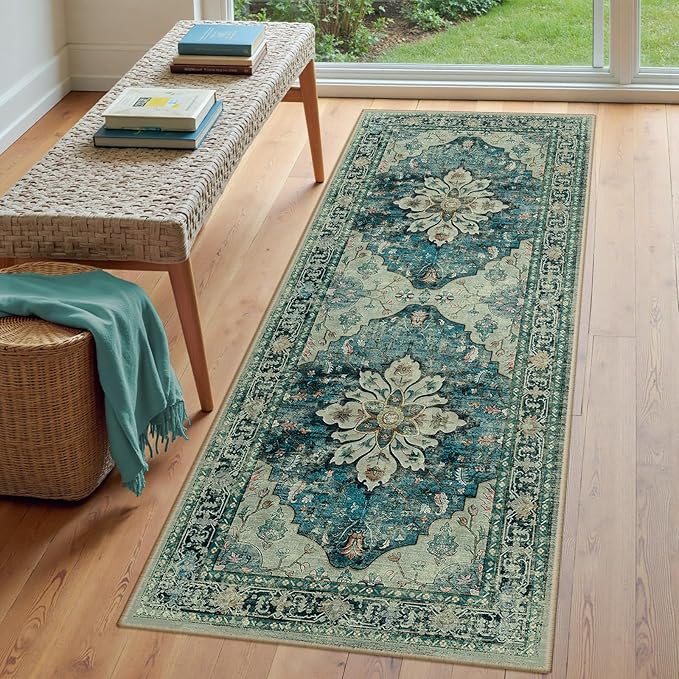 Area Rugs 3'x6' Runner Rug Non Slip Washable for Kitchen Hallway Bedroom Beside Laundry Room Bathroom Rug, Floor Carpet, Dark Blue Vintage