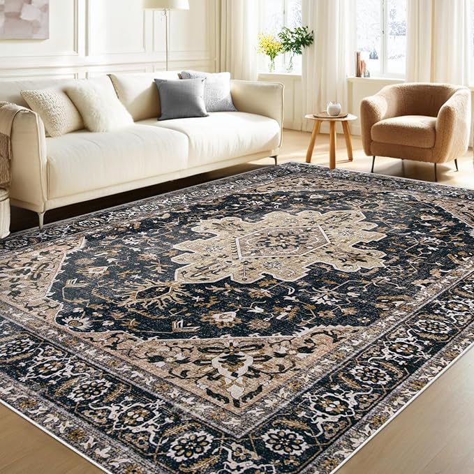 Area Rugs 5x7 Vintage Rug: Washable Living Room Rug Retro Medallion Distressed Large Soft Low Pile Non-Slip Indoor Floor Carpet for Bedroom Kitchen Nursery Dining Table Office (BeigeBlack, 5'x7')