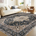 Area Rugs 5x7 Vintage Rug: Washable Living Room Rug Retro Medallion Distressed Large Soft Low Pile Non-Slip Indoor Floor Carpet for Bedroom Kitchen Nursery Dining Table Office (BeigeBlack, 5'x7')
