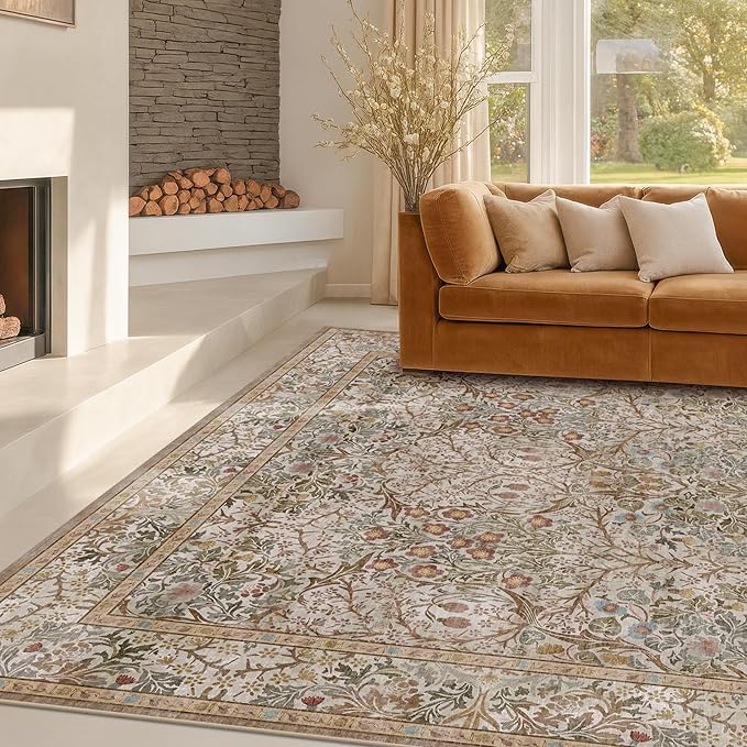 Hazo Haus Vintage Moss Green Living Room Rug, 7x10 Washable Large Area Rugs for Bedroom, Dining Room Rugs Under Kitchen Table, Oriental Taupe Low Pile Stain Resistant Non-Slip