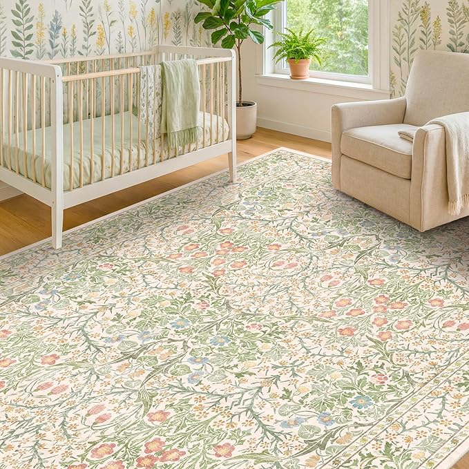 Hazo Haus Beige Green Bedroom Rug 5x7 Area Rug for Living Room, Vintage Washable Floral Rugs for Nursery, Dining Room, Light Green Non Slip Stain Resistance Distressed Retro Low Pile Floor Mat Indoor