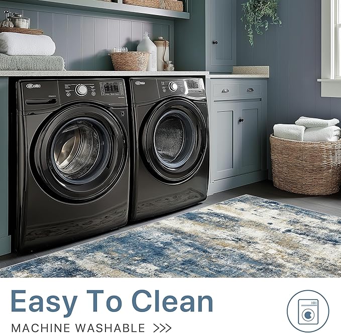 BEIMO Machine Washable Rug 5x7 Area Rugs for Living Room Bedroom, Large Navy Blue Beige Abstract Area Rug Soft Throw Rugs, Low-Pile Floor Carpet with Non Slip Rubber Backing