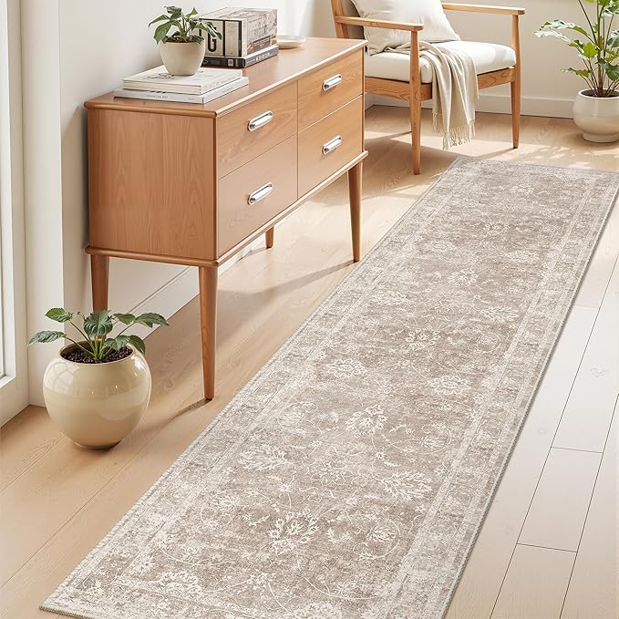Madane Rug Runner for Hallways 2.5x8, Washable Kitchen Runner Rugs with Non Slip Backing, Soft Floral Print 2'6''x8 Carpet Runners for Laundry Room, Bedroom, Brown/Sand