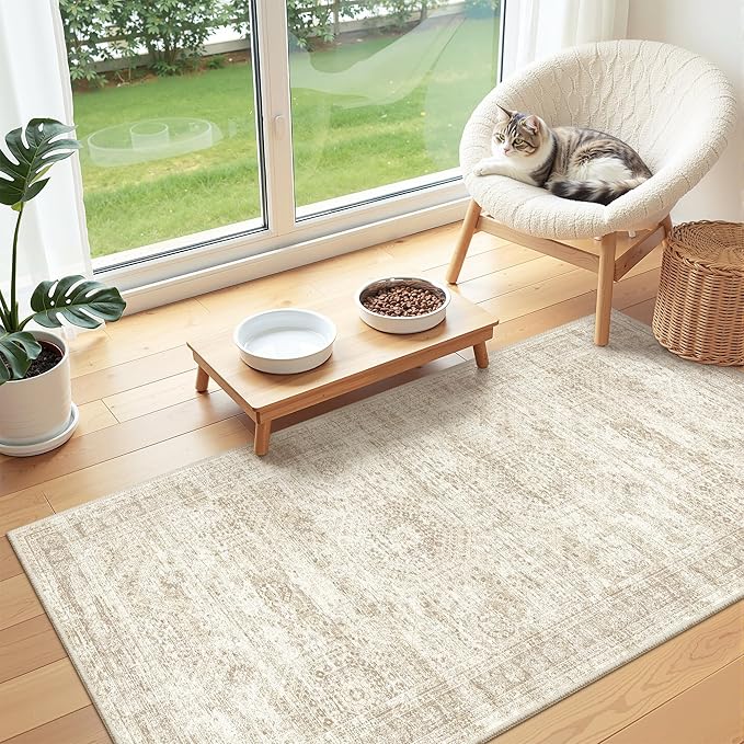 2x4 Washable Rug Runner for Bathroom, Soft Entryway Rug for Laundry Room, Kitchen, Vintage Abstract Hallway Runner for Bedroom, Anti-Slip Door Mat Indoor Entrance(2'x4', Beige/Ivory)