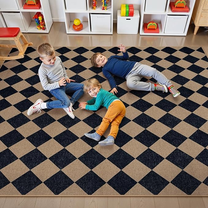 Lahome Colette Checkered Easy Jute Patio Rug, 6x9 Washable Indoor Outdoor Rug, Farmhouse Neutral Non Slip Non Shedding Low Pile Floor Carpet for Deck Living Dining Room Office Mudroom
