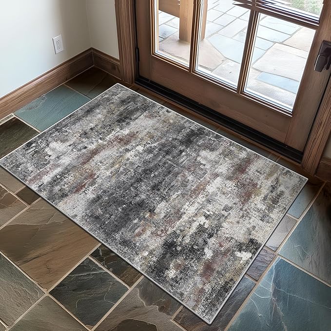 2x3 Rugs for Entryway Entrance Kitchen Bathroom, Machine Washable Modern Abstract Soft Area Rug, Indoor Floor Carpet with Non Slip Rubber Backing, Dark Gray