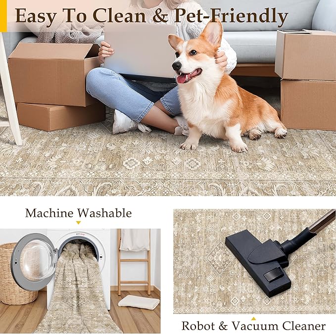 2x6 Washable Runner Rug for Hallway Kitchen Vintage Beige Non Slip Low Pile Carpet Traditional Retro Soft Throw Rug for Bathroom Bedroom Entryway Indoor Entrance