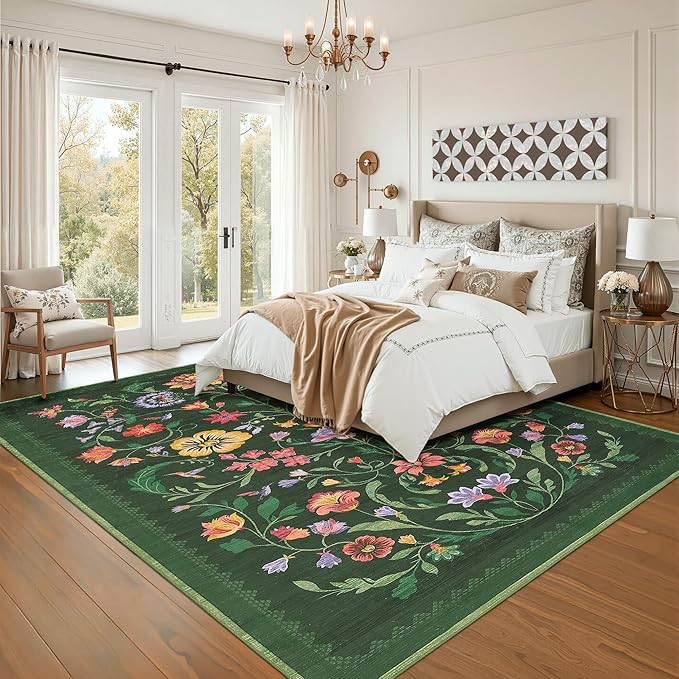 GarveeHome Washable Rug 3x5 Area Rugs for Living Room, Floral Rug for Bedroom, Soft Boho Non Slip Throw Rugs with Rubber Back, Low Pile Stain Resistant Vintage Floral Carpet for Dining Room, Green