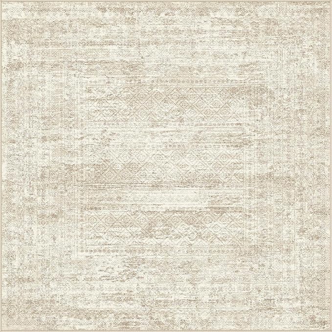 UERMEI Square Area Rugs : Washable 5x5 Neutral Modern Abstract Carpet for Living Room Bedroom - Soft Floor Mat with Non Slip Backing for Kitchen Nursery Dorms Farmhouse Home Decor - Beige/Brown