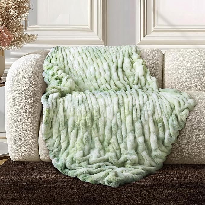 Ultra Soft Cozy Faux Fur Throw Blanket, Fuzzy Plush Thick Bubble Blanket, Oversize Luxury Fluffy Blanket for Couch, Sofa, Bedroom, and Living Room,50x60 Inches,Double Sided Tie-Dye Sage