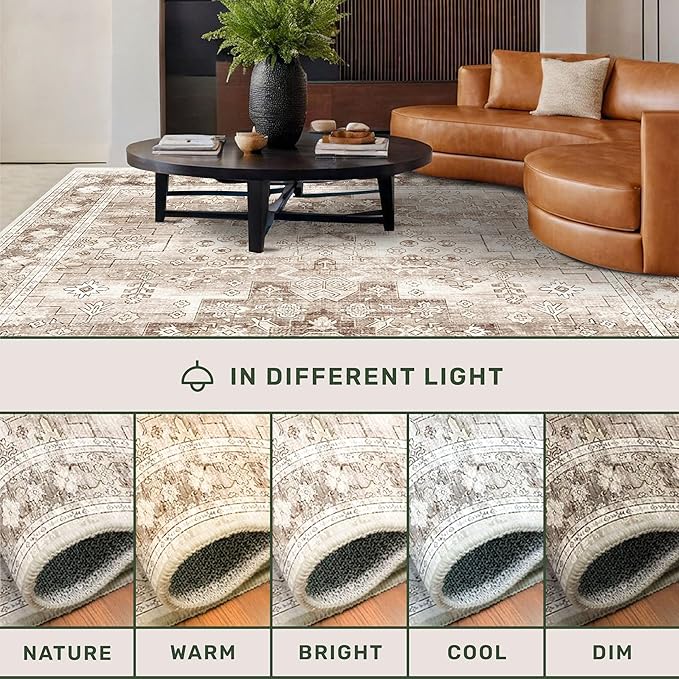Hazo Haus Boho Long Bathroom Runner Rug 24 x 72 Washable Non Slip - Soft Stain Reistant Rugs for Kitchen, Laundry Room, Hallway Runner - Neutral Floral Design Décor (2x6 Beige/Latte)