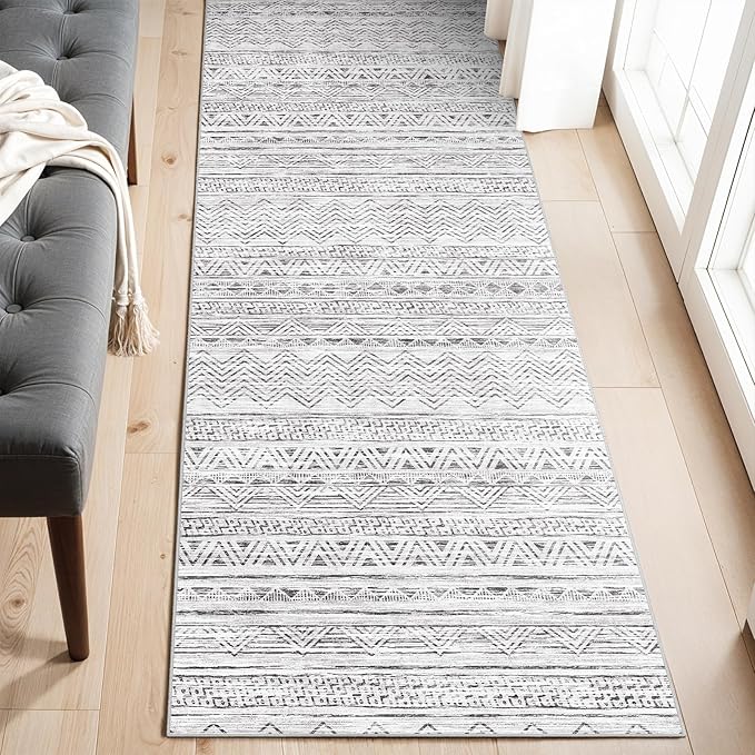 2x6 Washable Hallway Runner Rug - Moroccan Non-Slip Indoor Table Long Runners for Entryway Soft Low Pile Neutral Rugs for Kitchen Waterproof Geometric Carpet for Bedroom Bathroom Laundry 2x6 Grey