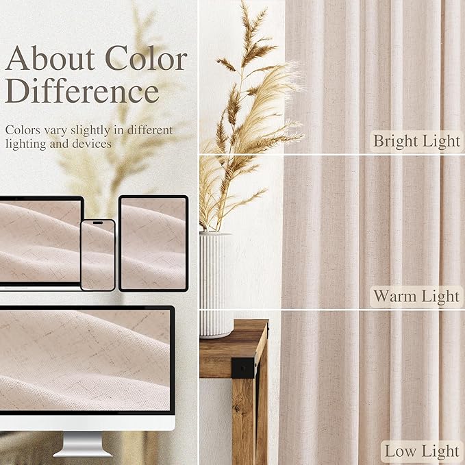 Nanspring Natural White Linen Curtains 63 Inch Length for Living Room Blend Semi Sheer Farmhouse Decor Curtains Back Tab Privacy Boho Light Filtering Semi Sheer Curtain for Bedroom 52x63, 2 Panels