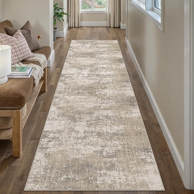 PureCozy Runner Rug 2x8 Beige Machine Washable Modern Abstract Hallway Carpet Non Slip Neutral Long Carpet Low Pile Soft Non Shedding Contemporary Rug for Bathroom Laundry Kitchen Bedroom
