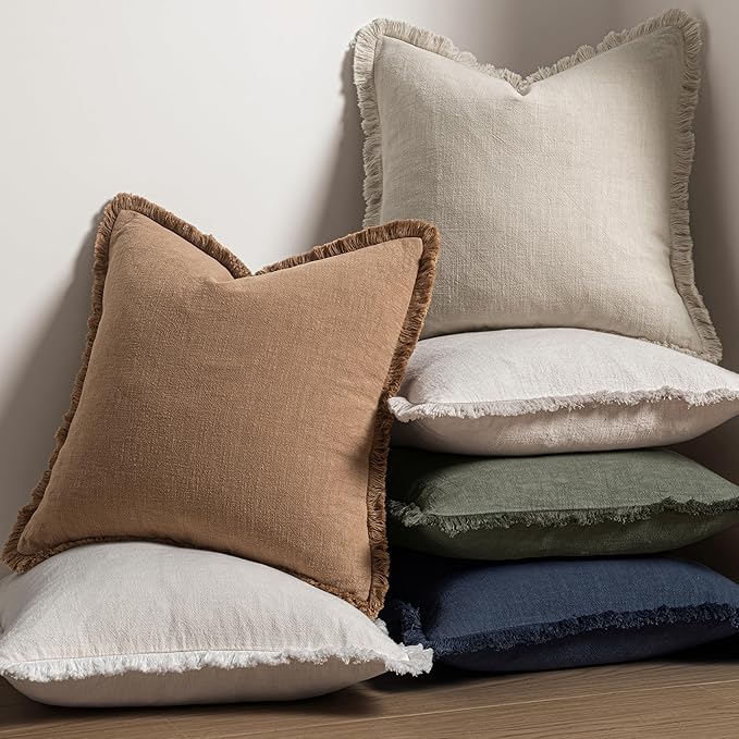 MIULEE Decorative Throw Pillow Covers Neutral Linen Fringe Throw Pillows Set of 2 Light Olive Green Boho Farmhouse Cushion Covers for Couch Sofa Bed Living Room Spring Home Decor 20x20 Inch