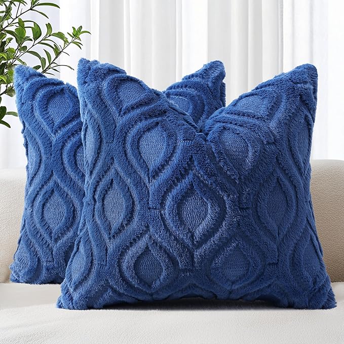 decorUhome Throw Pillow Covers 22x22 Inch Set of 2, Soft Plush Faux Wool Dark Blue Solid Couch Pillow Covers, Accent Euro Sham Farmhouse Neutral Square Pillow Cases for Sofa Bed Living Room