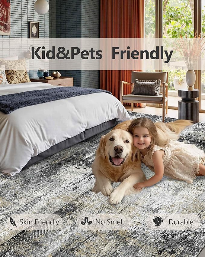 Latte&Fog 8x10 Area Rugs for Living Room, Large Black Modern Abstract Washable Rug, Boho Non Slip Low Pile Carpet for Indoor Bedroom Dining Room, Office, Dorm, Classroom, Farmhouse and Kids Room
