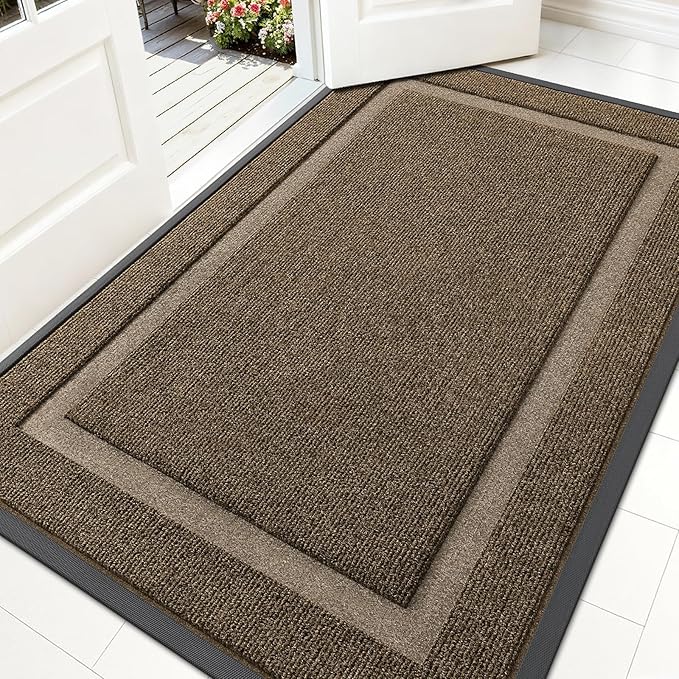 OLANLY Front Door Mat Indoor Outdoor Entrance, Waterproof All-Season, All-Weather Doormat, Sturdy Natural Rubber, Fade Resistant, Low Profile, Easy Clean Patio Porch Entryway Mat, 59x30, Brown