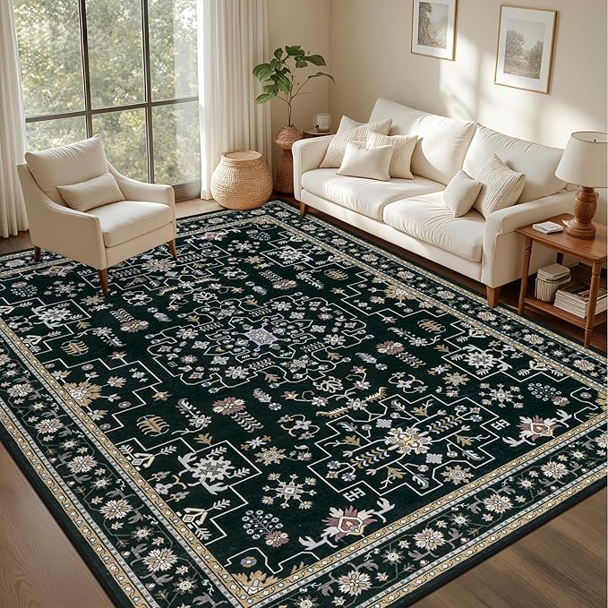 Area Rugs 9x12 Living Room Rug: Washable Rug Soft Vintage Boho Medallion Carpet Indoor Floor Non-Slip Stain Resistant Large Carpets for Bedroom Dining Room Farmhouse Nursery Home Office Black