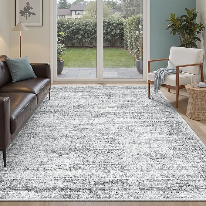 Soalmost 5x8 Area Rugs Grey Low Pile Indoor Washable Trendy Faded Style Rugs for Bedroom Living Room Dining Room Foldable Non-Slip Thin Print Home Office Mat