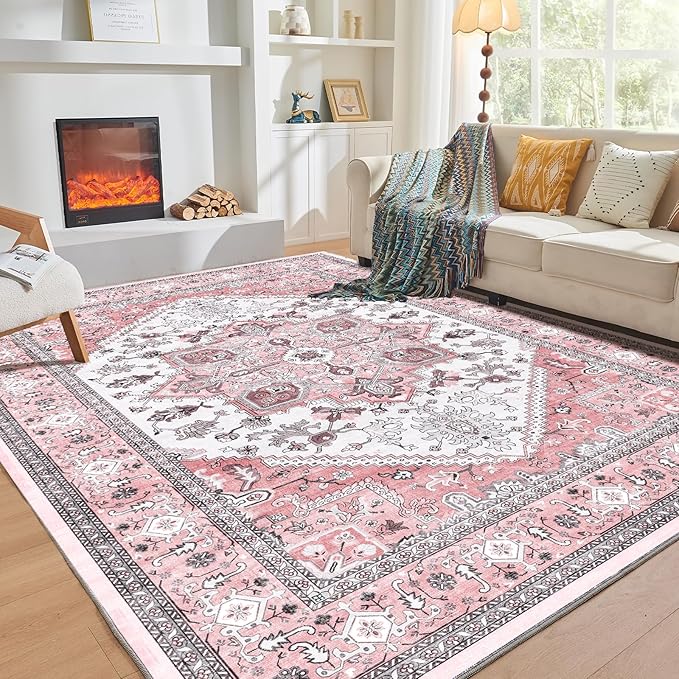 OPPODREAM Soft Area Rugs 5x7, 5x7 Washable Rug with Non Slip Backing, 5 x 7 Faux Cashmere Low-Pile Carpet, Pink & Cream